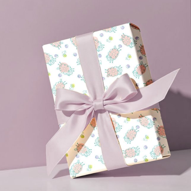 Papel De Presente Pink Sheep with Flowers & Berries - Cute Pattern (Criador carregado)