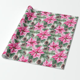 Papel De Presente Pink Silver Glam Poinsettia Flowers Christmas