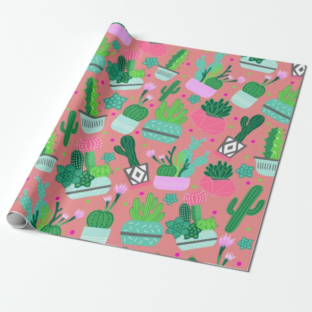 Papel De Presente Pink Southwestern Cactus Pattern Sweet 16 Party (Desenrolado)
