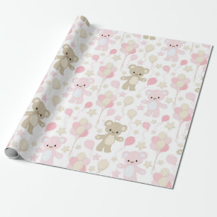 PAPEL DE PRESENTE PINK & TAN TEDDY BEARS COM BALÕES