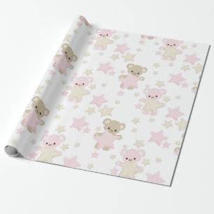 PAPEL DE PRESENTE PINK & TAN TEDDY BEARS COM ESTRELAS