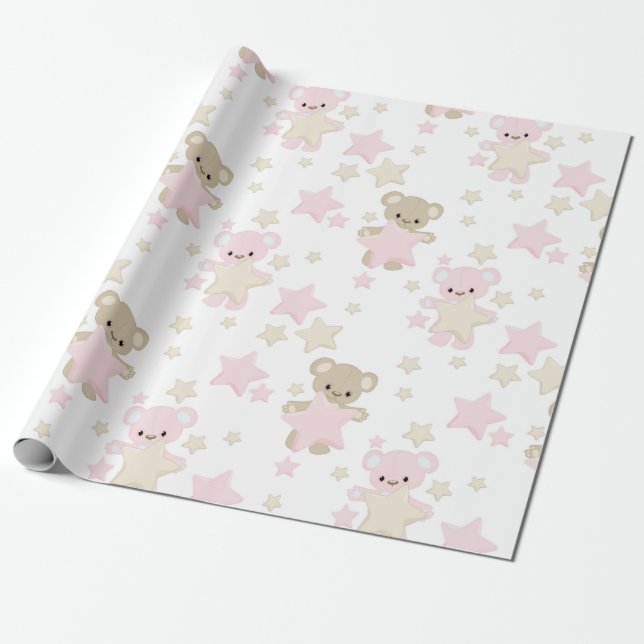 PAPEL DE PRESENTE PINK & TAN TEDDY BEARS COM ESTRELAS (Desenrolado)