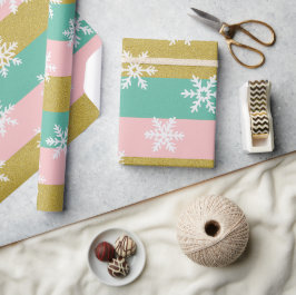 Papel De Presente Pink Teal and Gold Stripes With Snowflakes