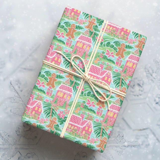 Papel De Presente Pink Tropical e Cidade Verde de Pão de Gengala (Criador carregado)