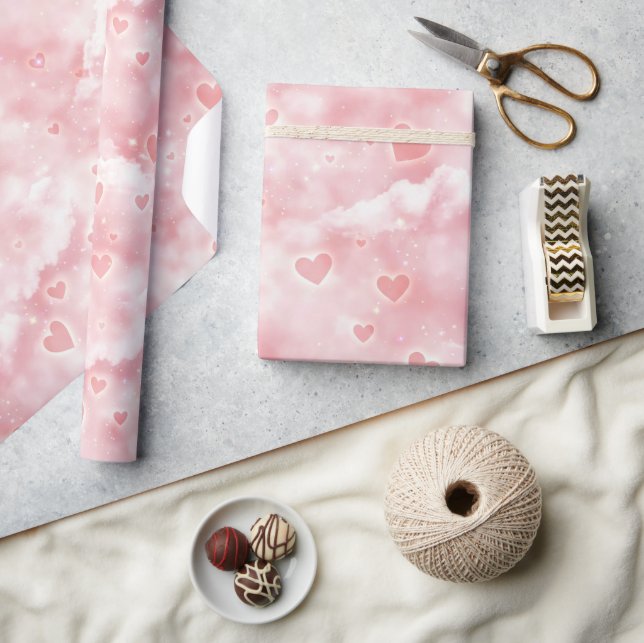 Papel De Presente Pink Valentine Clouds Sky with Glowing Hearts (Artesanato)