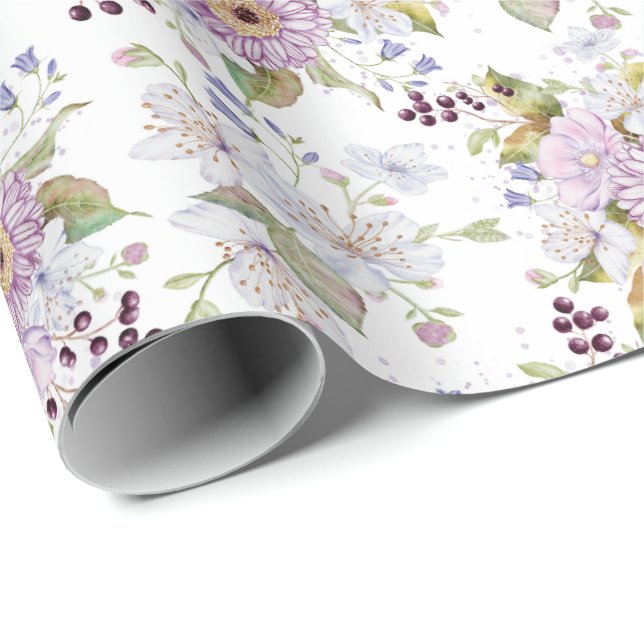 Papel De Presente Pink White Purple Watercolor Wildflower (Ponta do rolo)