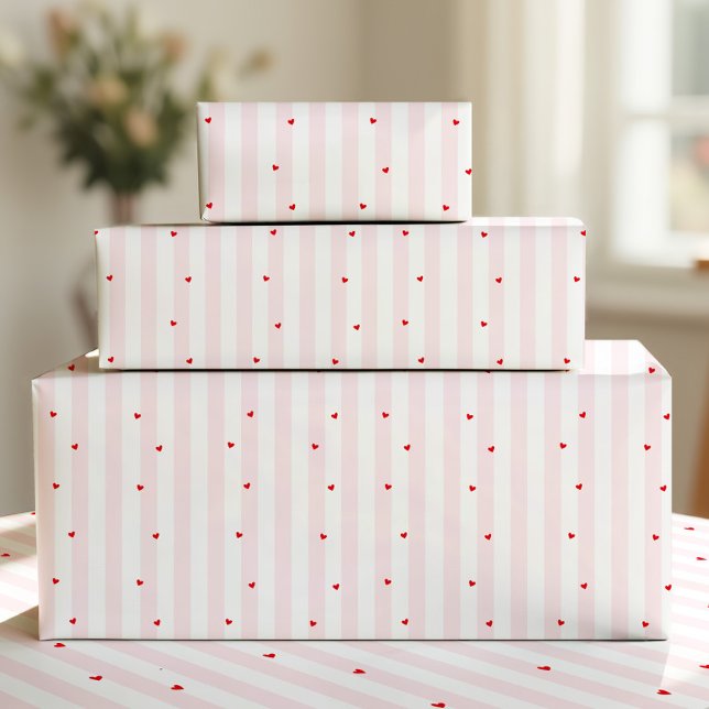 Papel De Presente Pink White Stripes + Hearts Wrapping Paper (Criador carregado)