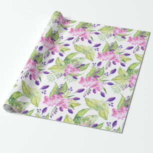 Papel De Presente Pino Roxo e Verde Flores Tropicais Padrão