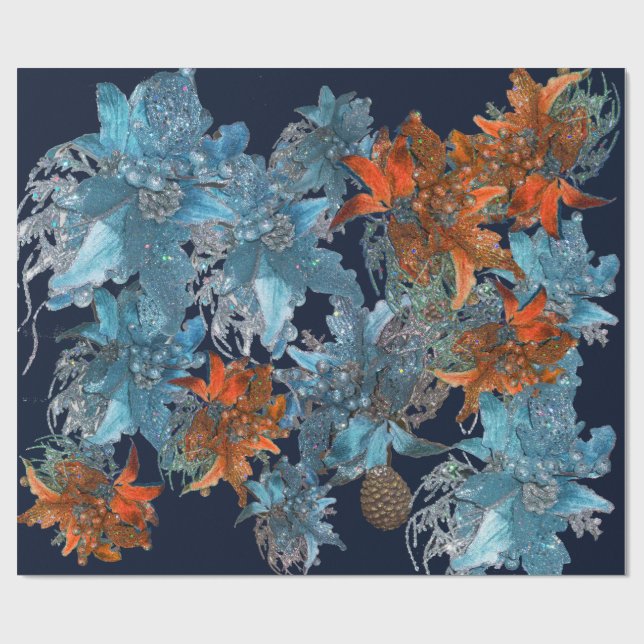 PAPEL DE PRESENTE PINSETAS AZUIS VERMELHAS, ESTRELAS DE NATAL EM ESP (Aberto)