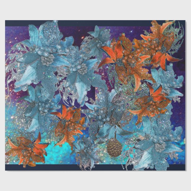 PAPEL DE PRESENTE PINSETAS AZUIS VERMELHAS, ESTRELAS DE NATAL EM ESP (Aberto)