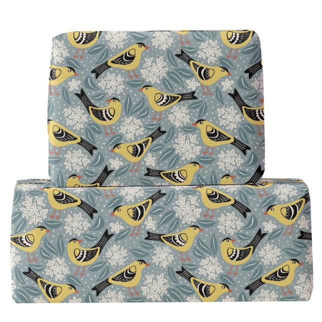 Papel De Presente Pintassilgo e Rododendro Bloco de Impressão de Flo (Goldfinch bird and botanical Arts and Crafts inspired gift wrapping paper roll)