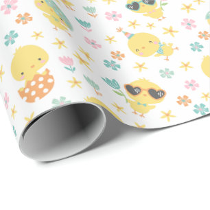Papel De Presente Pintinhos de Páscoa, de flores e ovos