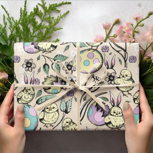 Papel De Presente Pintinhos De Páscoas E Orelhas, Ovos, Flores