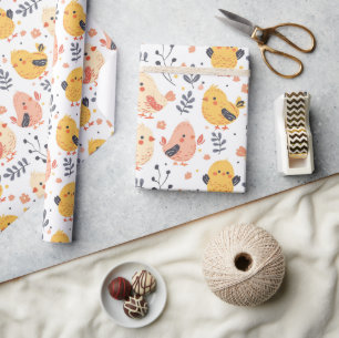 Papel De Presente Pintinhos Primavera e padrão floral bonitos