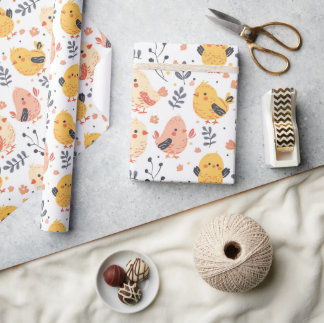 Papel De Presente Pintinhos Primavera e padrão floral bonitos