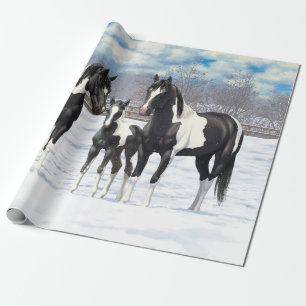 Papel De Presente Pinto Negro Pintado Cavalos Quarto Na Neve