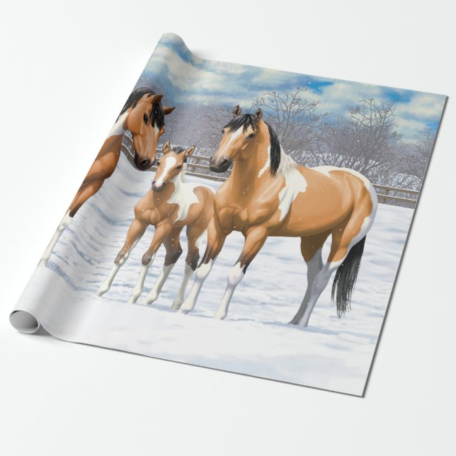 Papel De Presente Pinto Pinto Pintado Cavalos Quarto Na Neve (Desenrolado)