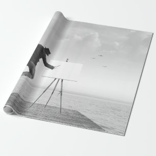 Papel De Presente pintor surreal preto e branco desenhando em c