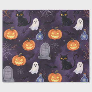 Papel De Presente Pintura a Óleo Assustadora de Halloween Roxa Escur