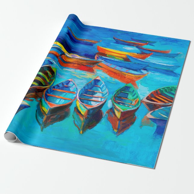 Papel De Presente  pintura a óleo de barcos e mar na canvas. Sunset (Desenrolado)