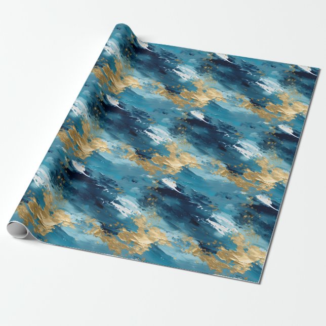 Papel De Presente Pintura Abstrata Azul, Branco e Dourado (Desenrolado)