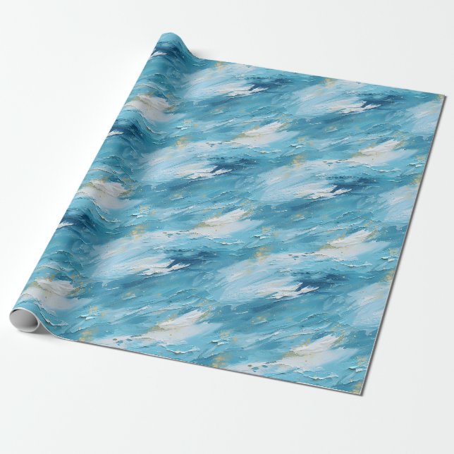 Papel De Presente Pintura Abstrata Azul e Branco (Desenrolado)