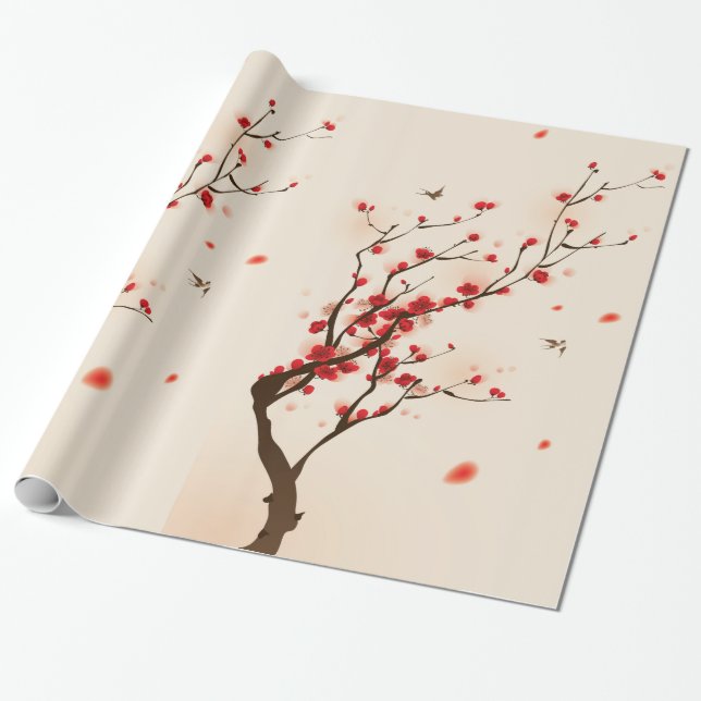 Papel De Presente Pintura asiática do estilo, flor da ameixa no (Desenrolado)