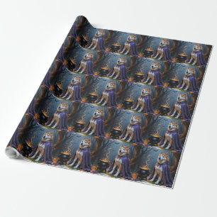 Papel De Presente Pintura Caprichosa de Cachorro Akita de Halloween