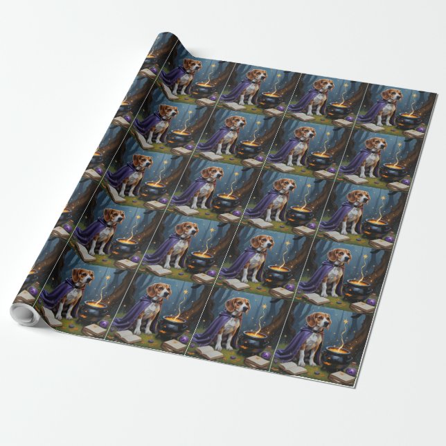 Papel De Presente Pintura Caprichosa de Halloween com Cachorro Beagl (Desenrolado)
