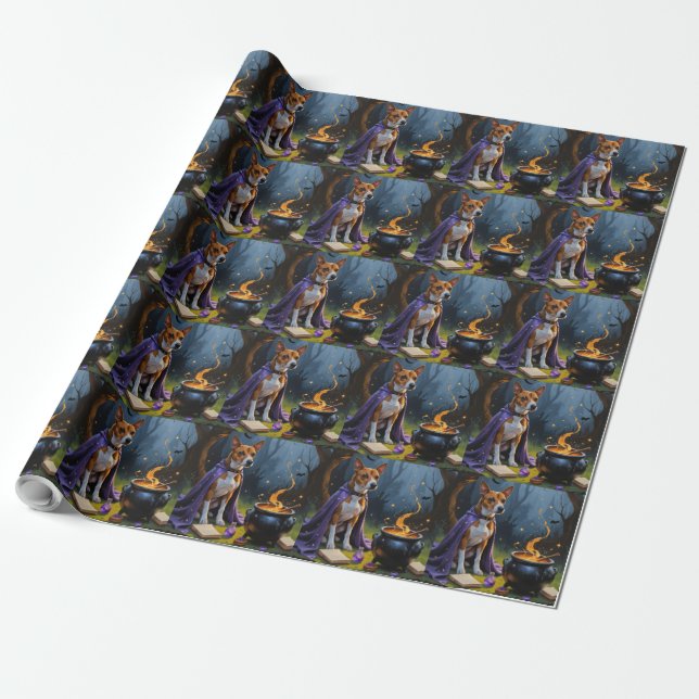 Papel De Presente Pintura Caprichosa de Halloween do Cão Basenji (Desenrolado)