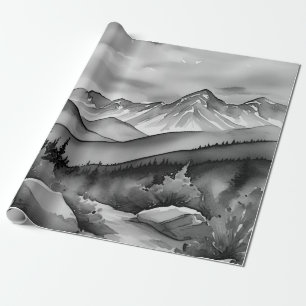Papel De Presente Pintura da paisagem branca e preta de montanhas