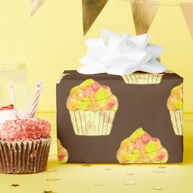 Papel De Presente Pintura De Cupcake De Aquarela Em Castanho (Festa de aniversário)