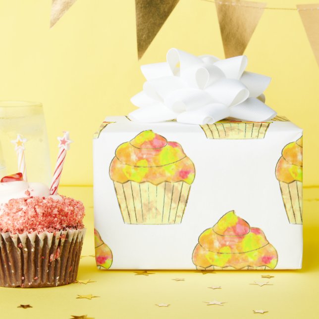 Papel De Presente Pintura de Cupcake em Aquarela sobre Branco (Festa de aniversário)