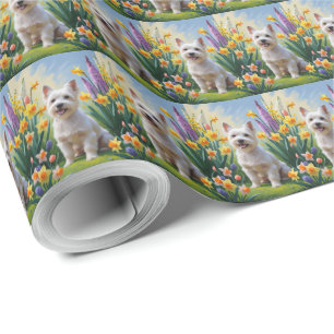 Papel De Presente Pintura de Flores da Primavera do Cão Terrier Tibe