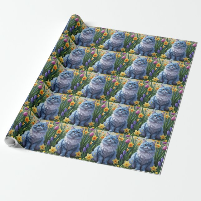 Papel De Presente Pintura de Flores da Primavera do Gato Azul Orient (Desenrolado)
