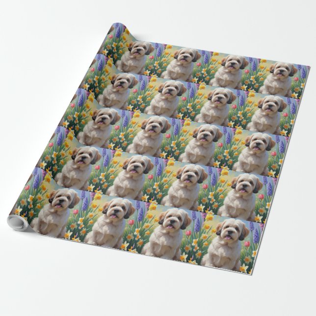 Papel De Presente Pintura de Flores de Cachorro Lhasa Apso (Desenrolado)