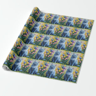 Papel De Presente Pintura de Flores de Gato Azul Russo