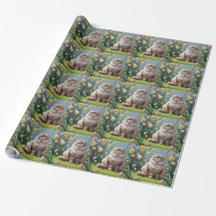 Papel De Presente Pintura de Flores de Primavera de Gato Persa
