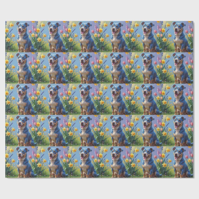 Papel De Presente Pintura de Flores de Primavera do Cão Blue Heeler  (Aberto)