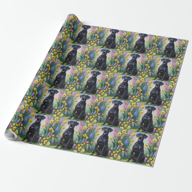 Papel De Presente Pintura de Flores de Primavera do Cão Grande Dinam (Desenrolado)