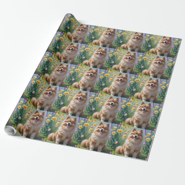 Papel De Presente Pintura de Flores de Primavera do Cão Keeshond  (Desenrolado)