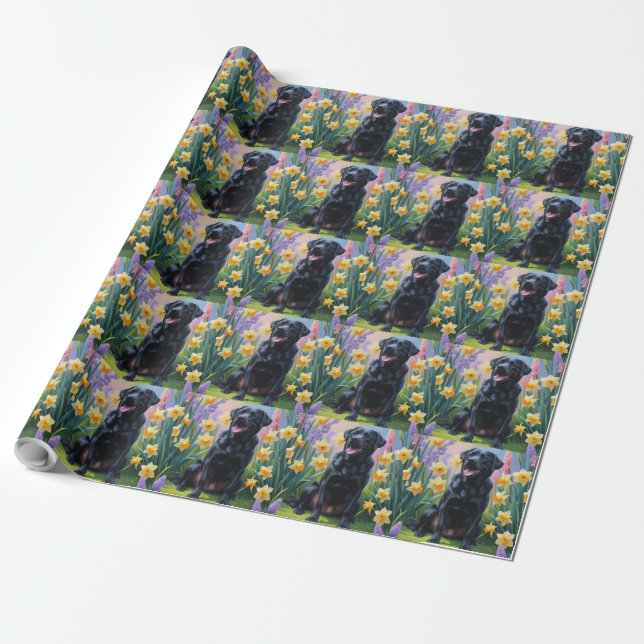 Papel De Presente Pintura de Flores de Primavera do Cão Labrador Pre (Desenrolado)