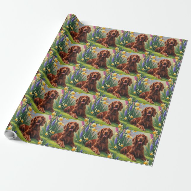 Papel De Presente Pintura de Flores de Primavera do Cão Setter Verme (Desenrolado)