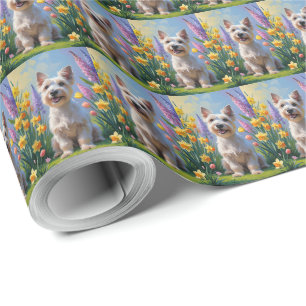 Papel De Presente Pintura de Flores de Primavera do Cão Terrier Esco
