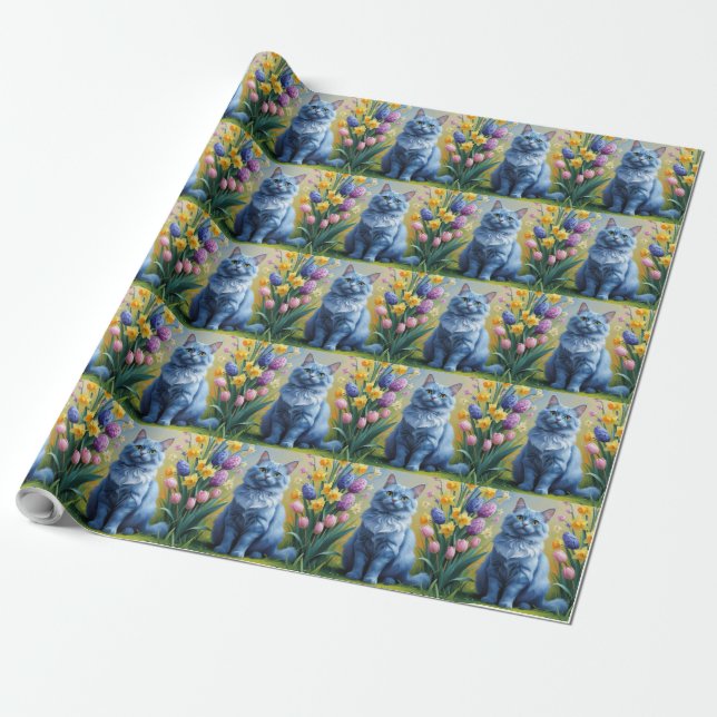 Papel De Presente Pintura de Flores de Primavera do Gato Azul Russo (Desenrolado)