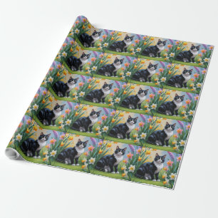 Papel De Presente Pintura de Flores de Primavera do Gato Smoking