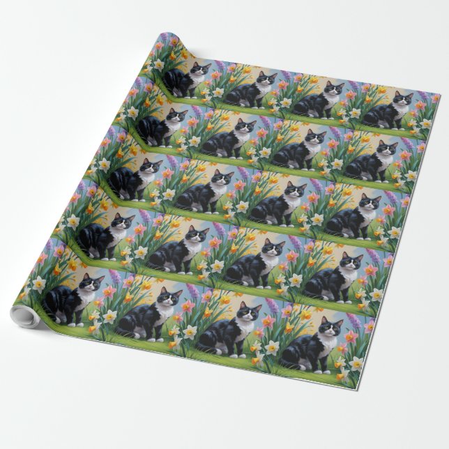 Papel De Presente Pintura de Flores de Primavera do Gato Smoking  (Desenrolado)