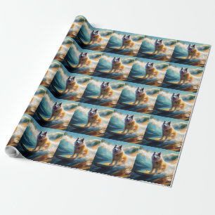 Papel De Presente Pintura de Malamute do Alasca Surfando na Praia