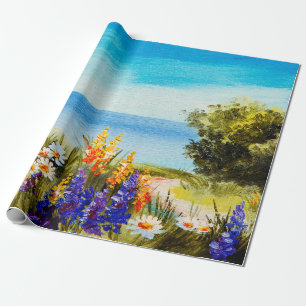 Papel De Presente pintura de óleo de flores perto do mar, campo de c