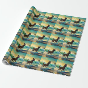 Papel De Presente Pintura de Surf na Praia com Malinoi Belga